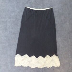 100% Silk Midi Skirt w/ Contrasting Lace Trim  Dark Grey Size XS